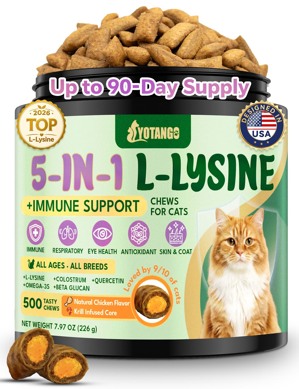 YOTANGO frente del envase mostrando 500 masticables y beneficios clave