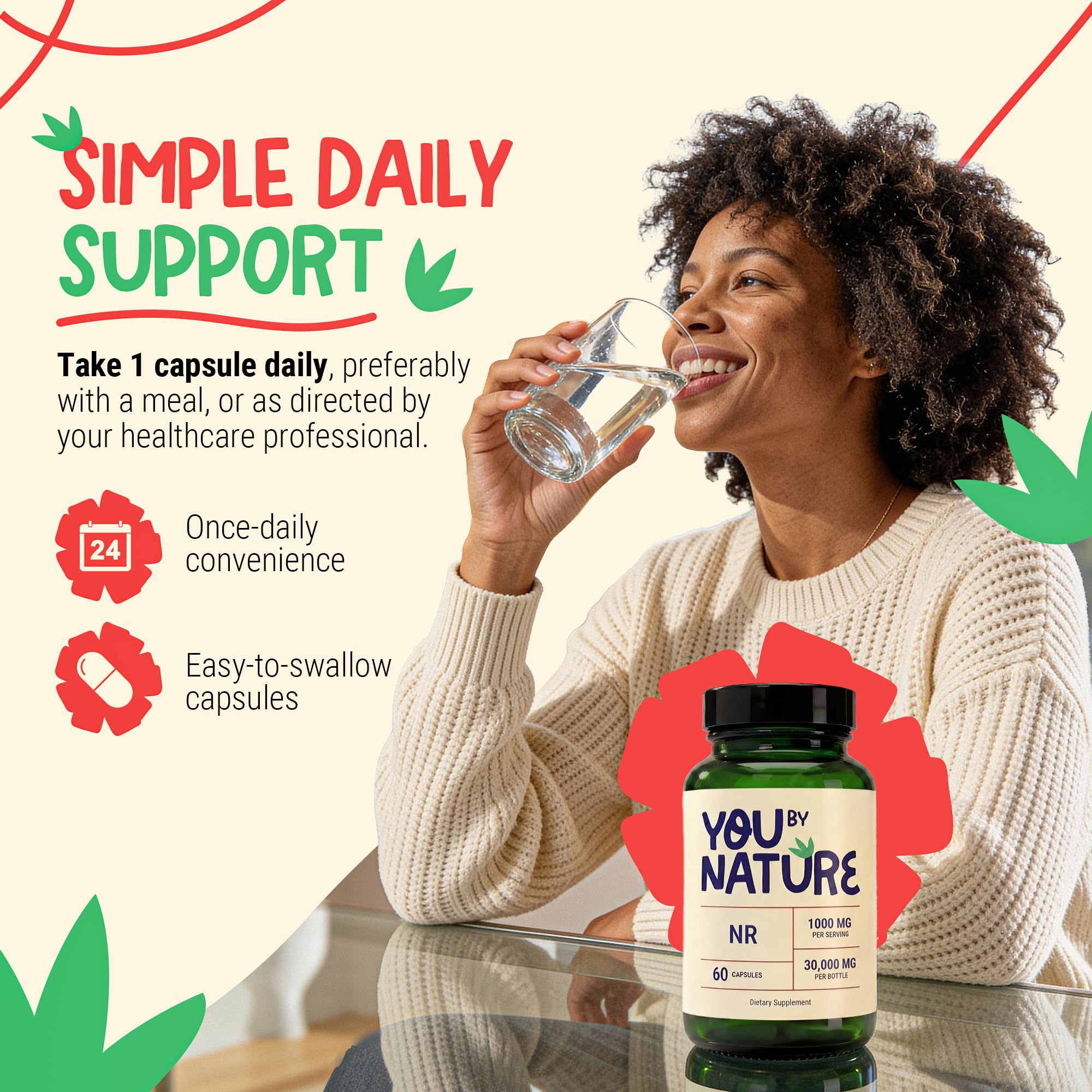 YOUBYNATURE cápsulas junto a vaso de agua en rutina diaria