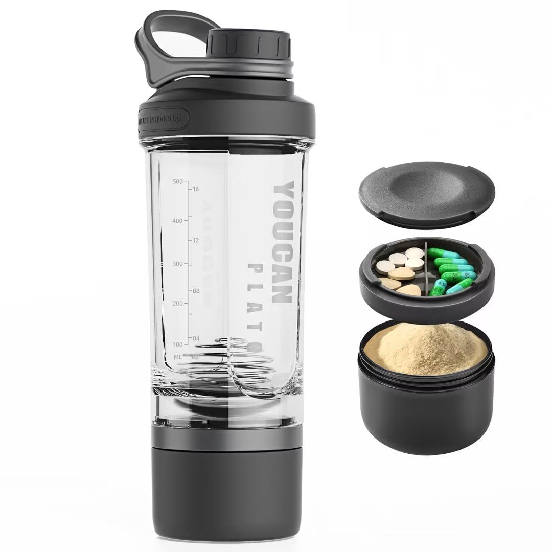 youcanplato bote shaker frontal mostrando capacidad y diseño, práctico para llevar