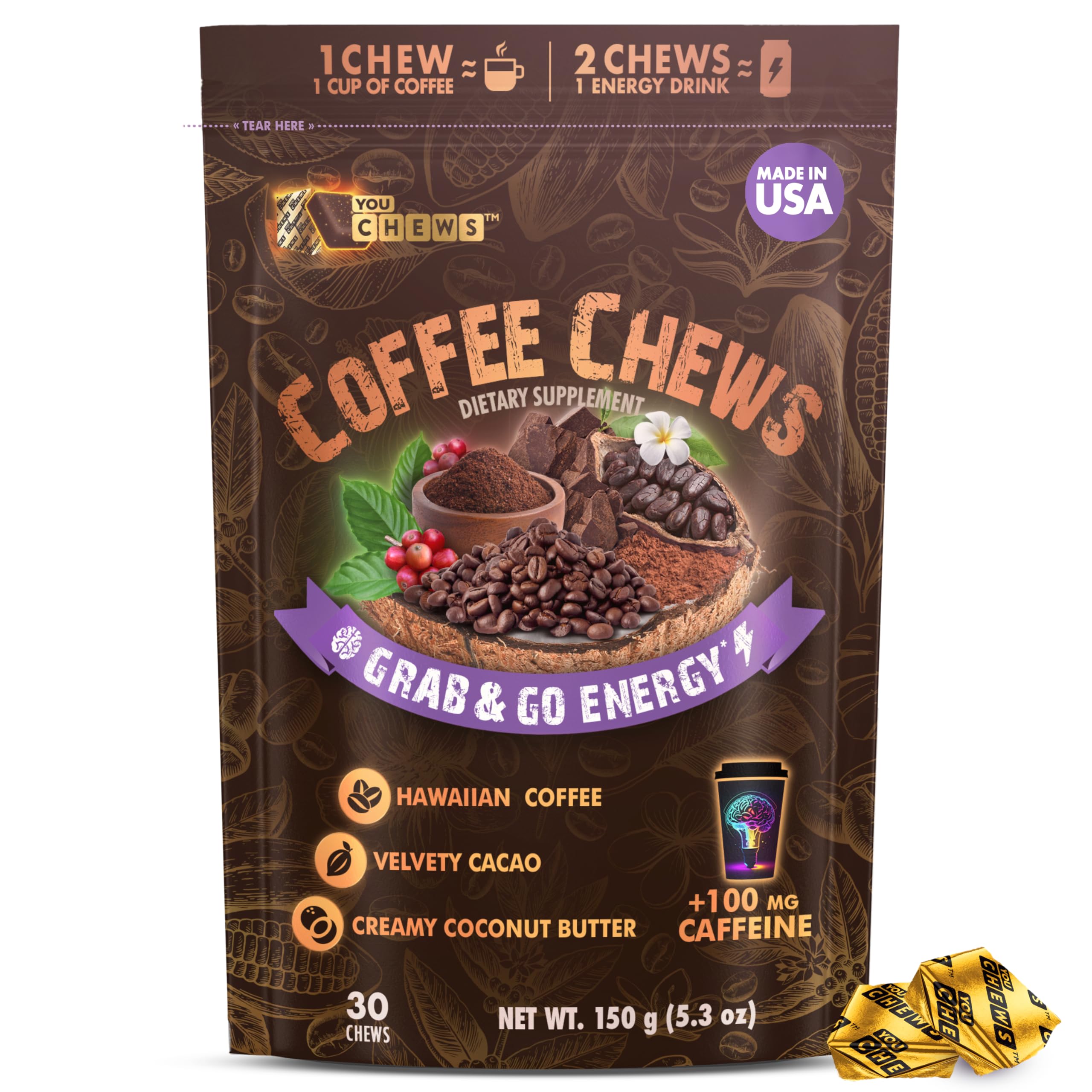 YouChews envase frontal mostrando 30 gomitas y diseño de marca para transporte