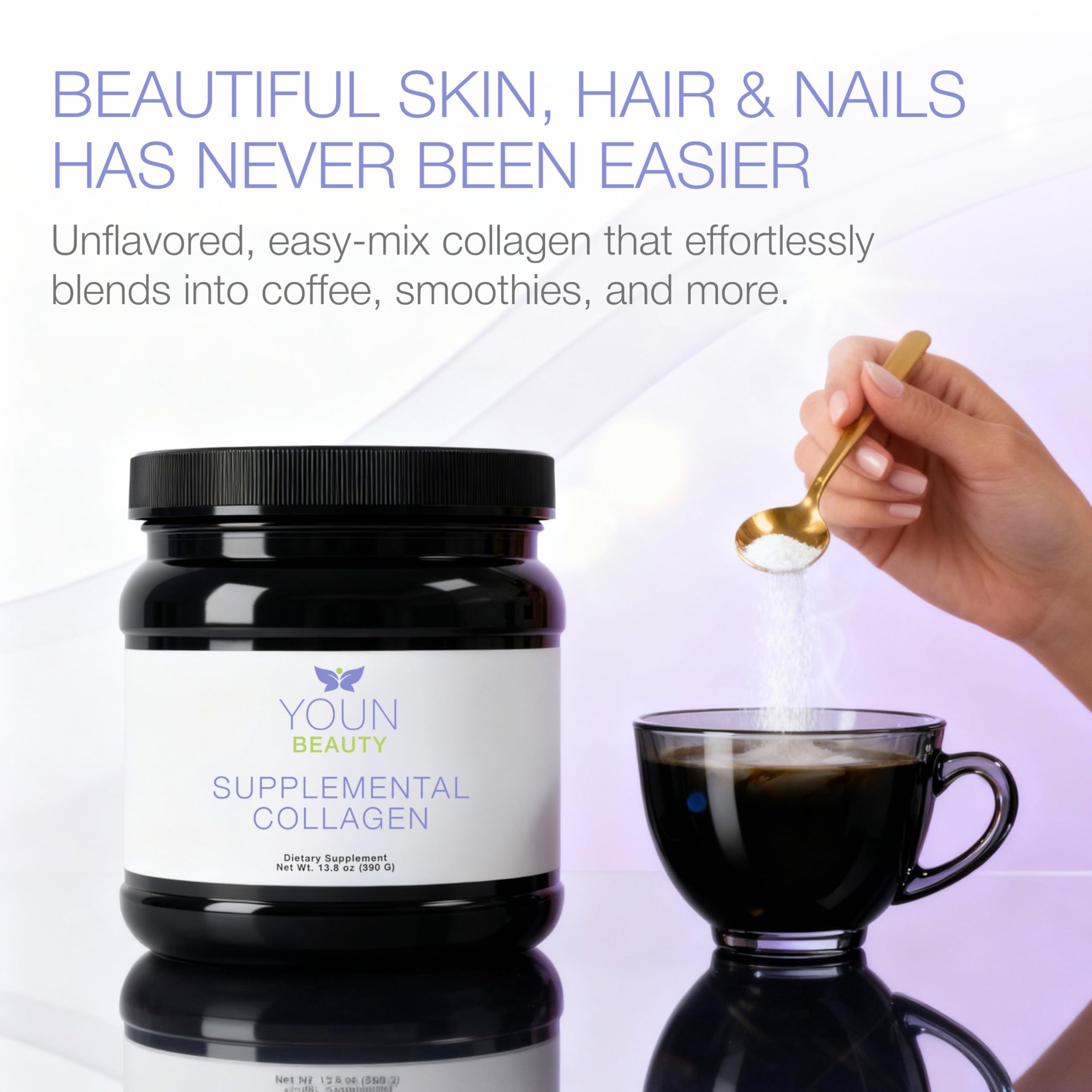 YOUN Beauty polvo cerca para apreciar textura fina y fácil disolución