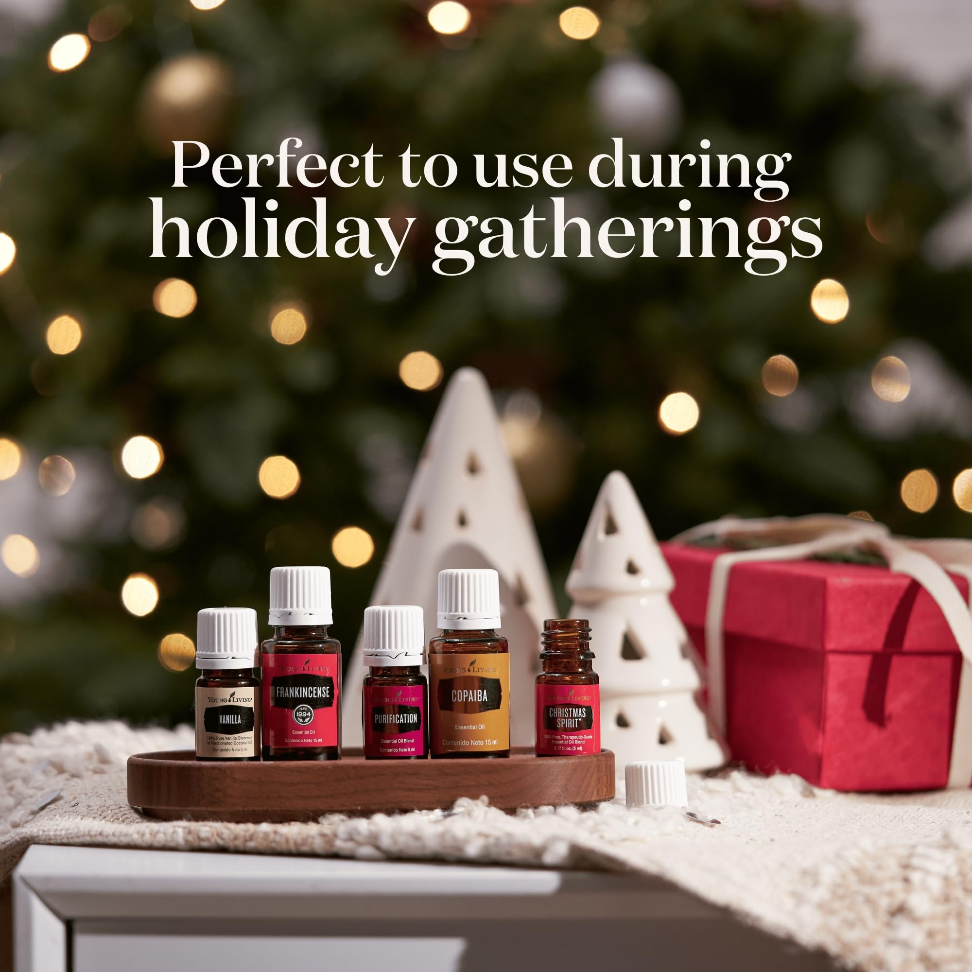 Young Living Christmas Spirit en difusor encendido creando ambiente acogedor