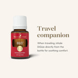 Young Living DiGize 15ml junto a objetos cotidianos, indica tamaño portátil