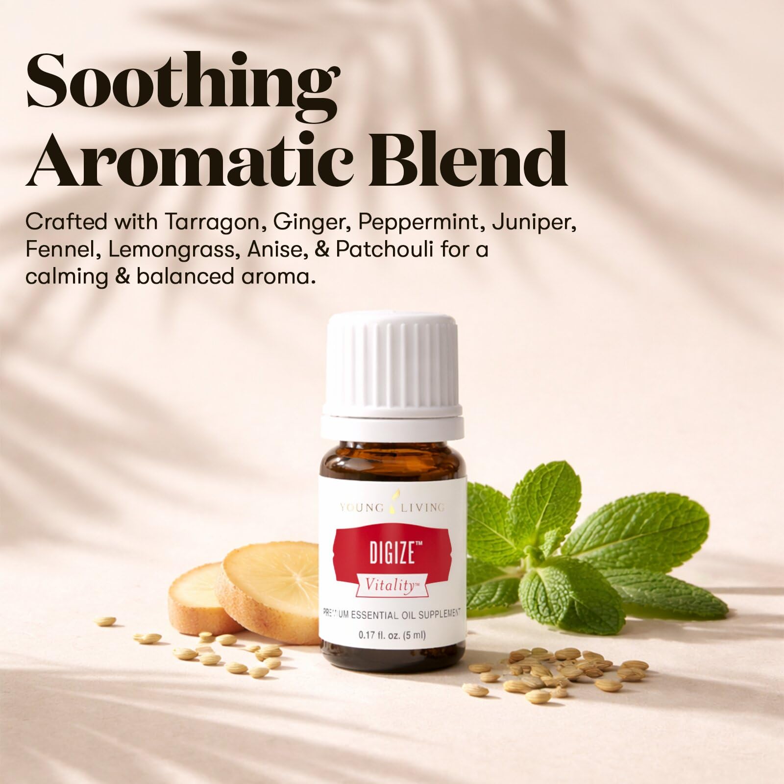 Young Living DiGize primeros planos de ingredientes botánicos frescos