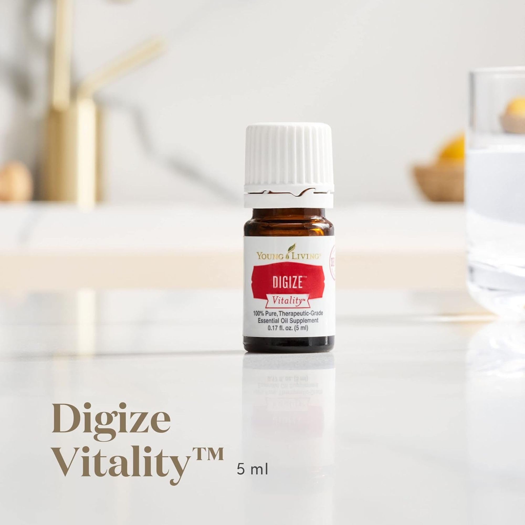 Etiqueta de Young Living DiGize Vitality en primer plano señalando uso alimentario