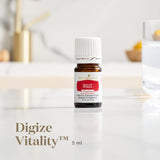Etiqueta de Young Living DiGize Vitality en primer plano señalando uso alimentario