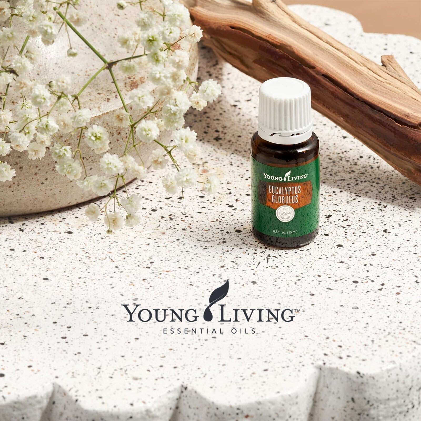 Young Living aceite Eucalyptus Globulus botella 15 ml junto a una mano para comparar tamaño