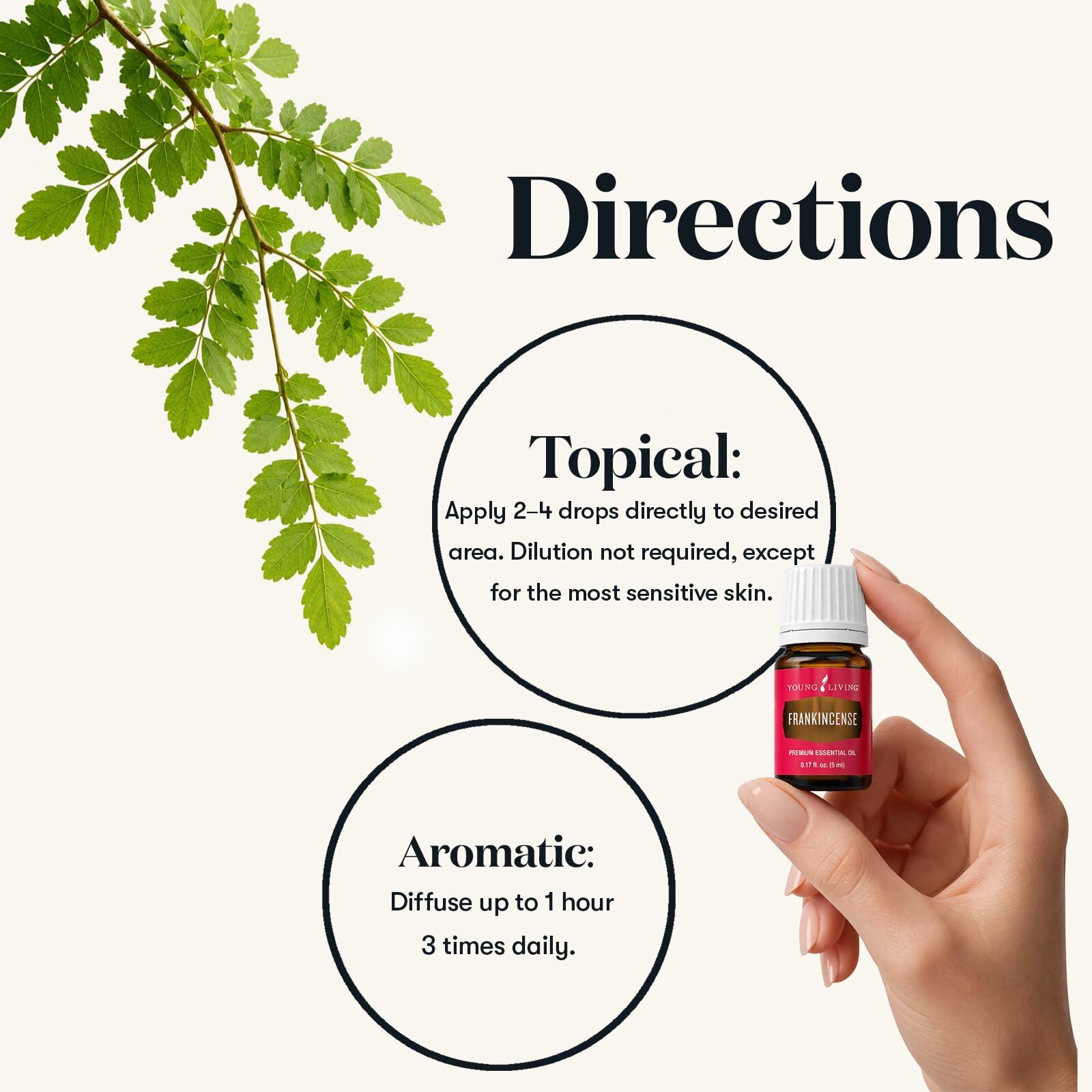 Young Living frasco de 5 ml junto a objetos para comparar tamaño