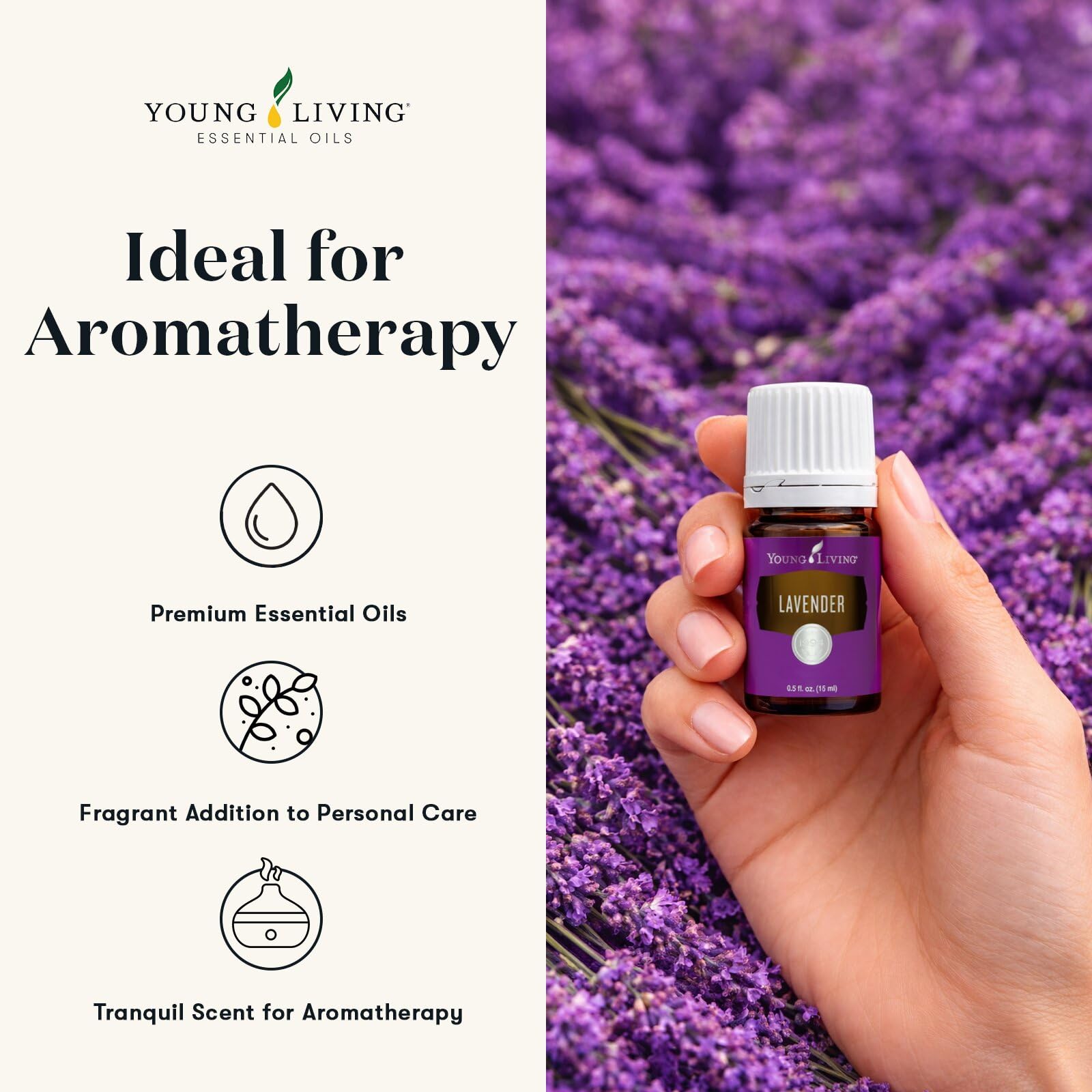 Young Living masajeando piel con lavanda, promueve sensación calmante