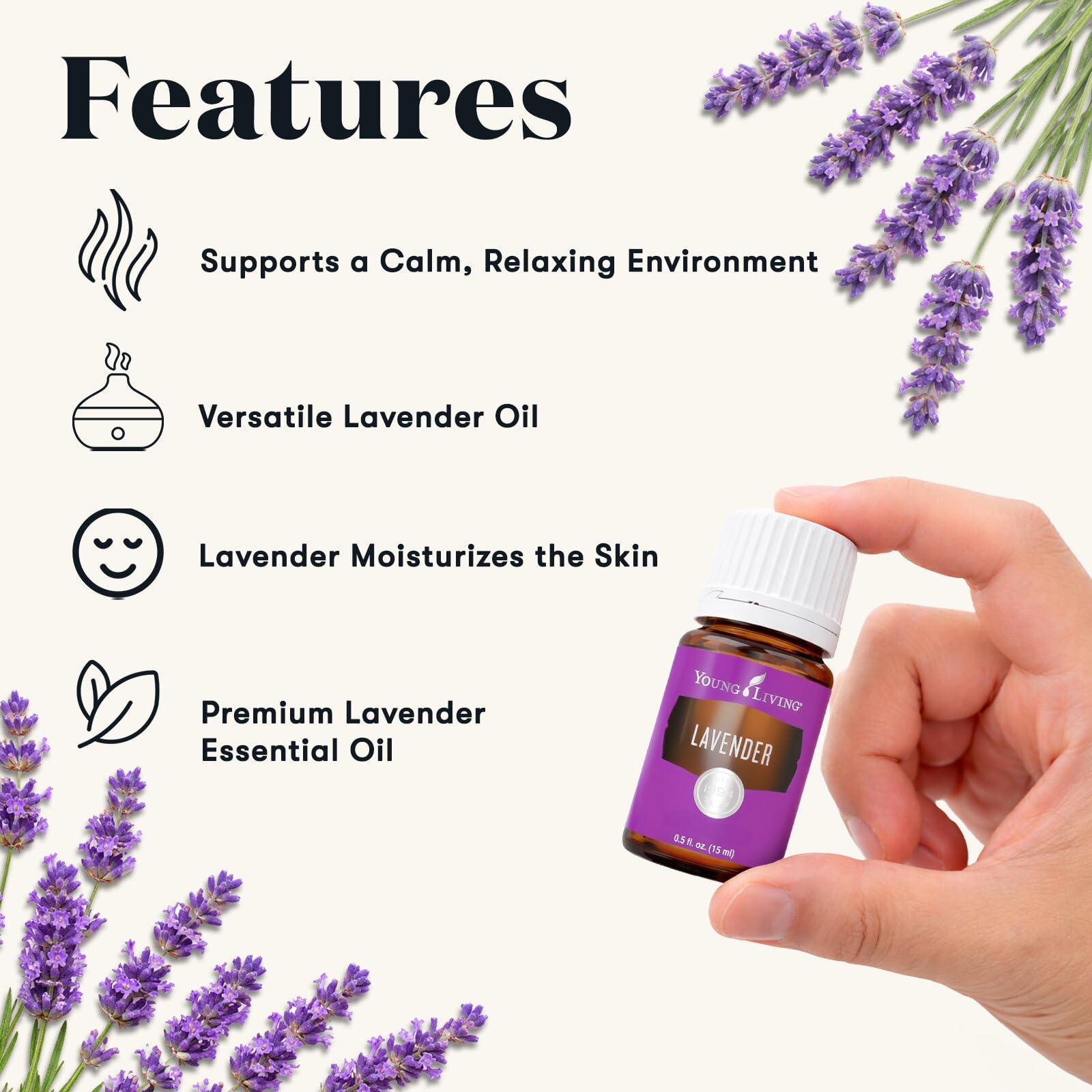 Young Living lavanda gota en piel ilustrando textura ligera y mezcla fácil
