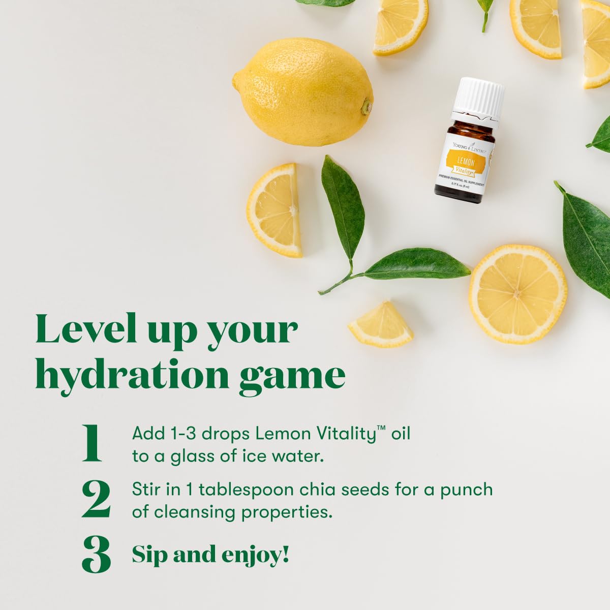 Young Living aplicando una gota en vaso para sabor refrescante inmediato