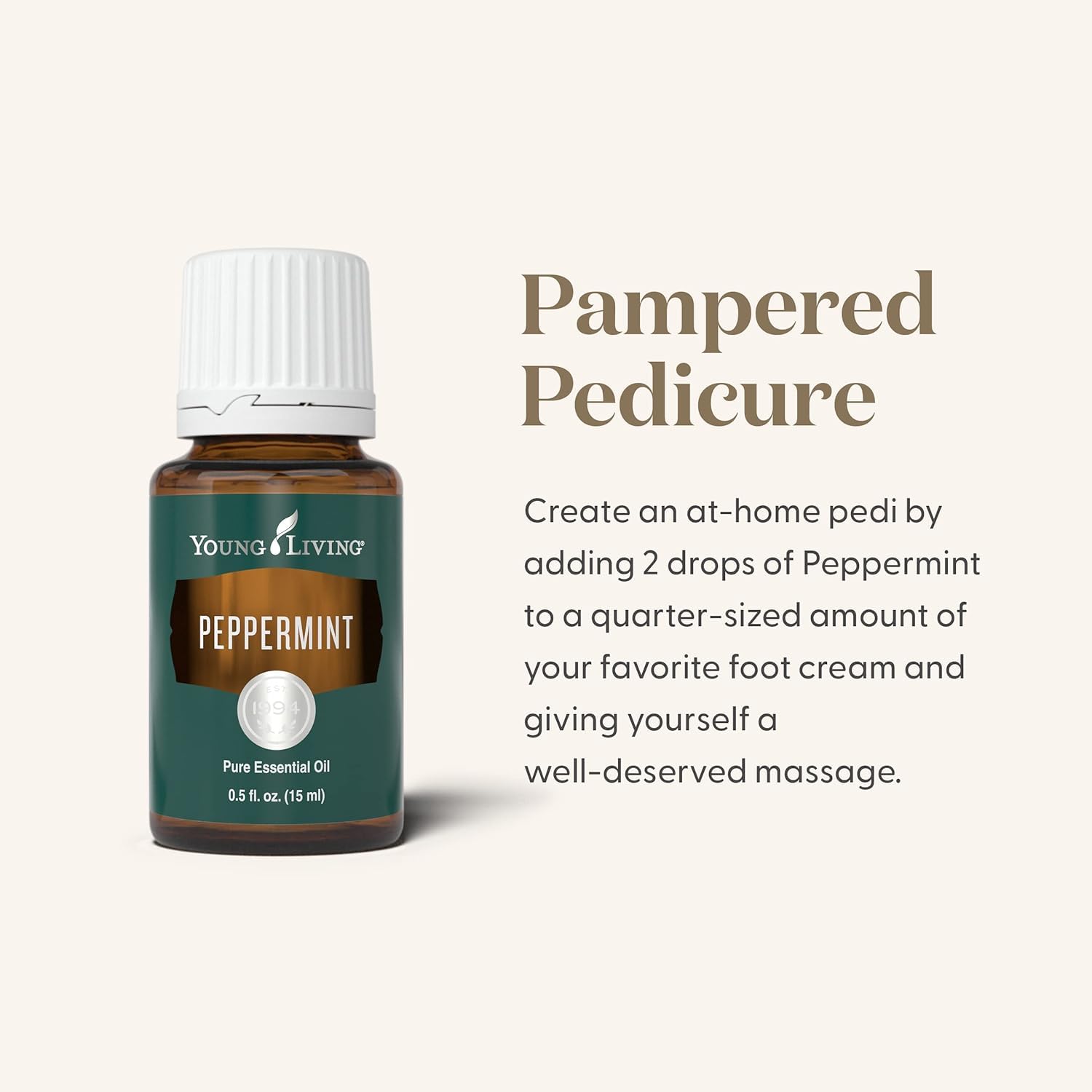 Frasco Young Living menta 15 ml junto a una regla para mostrar tamaño práctico y portátil