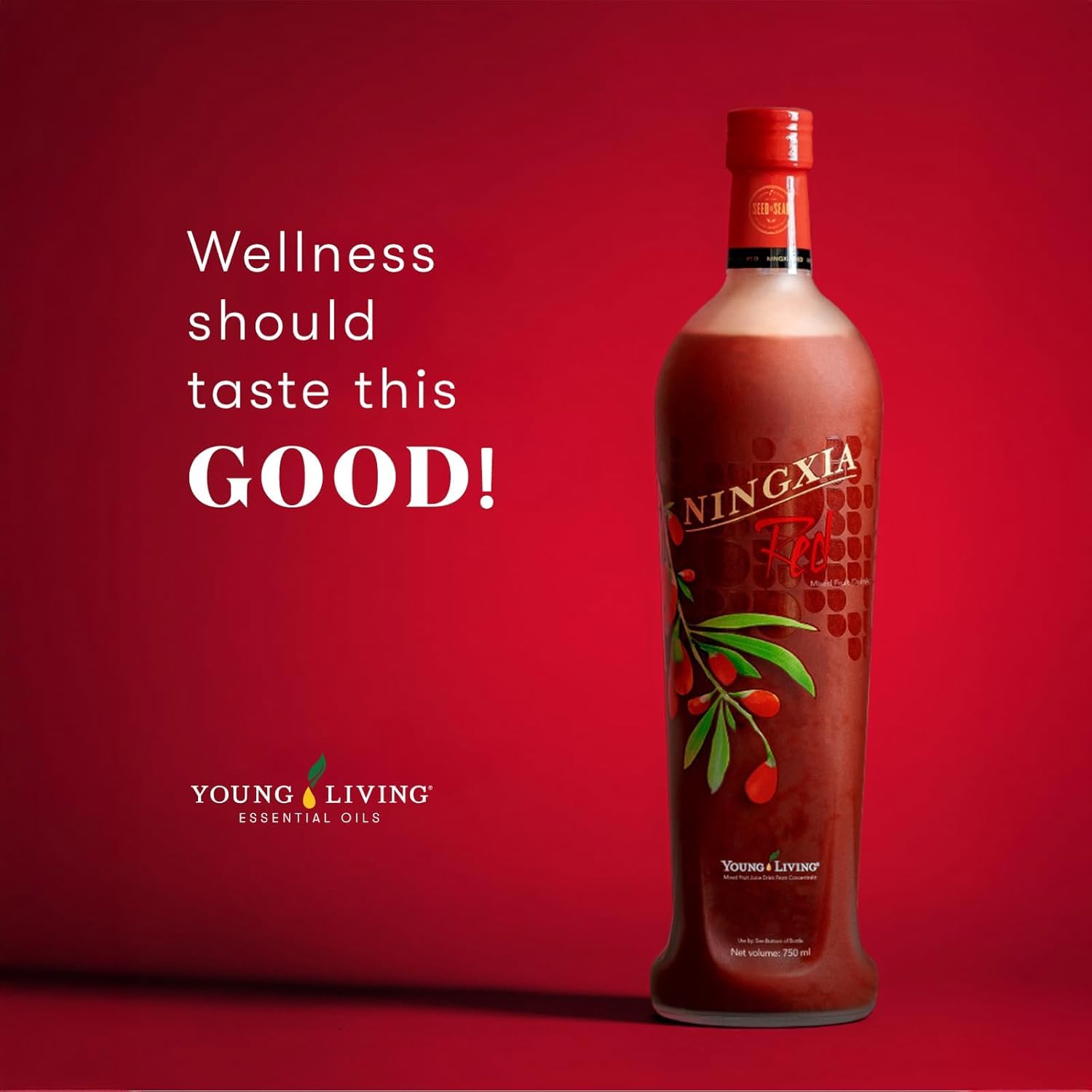 Young Living botella Ningxia Red en encimera de cocina en ambiente cotidiano