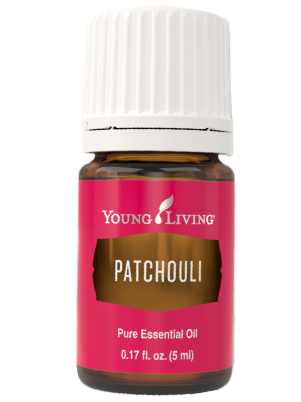 Young Living frasco frontal de Patchouli 5 ml mostrando etiqueta y beneficios aromáticos