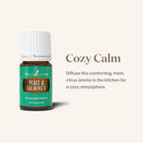 Young Living difusor con Peace & Calming II en salón, aroma ambiental relajante