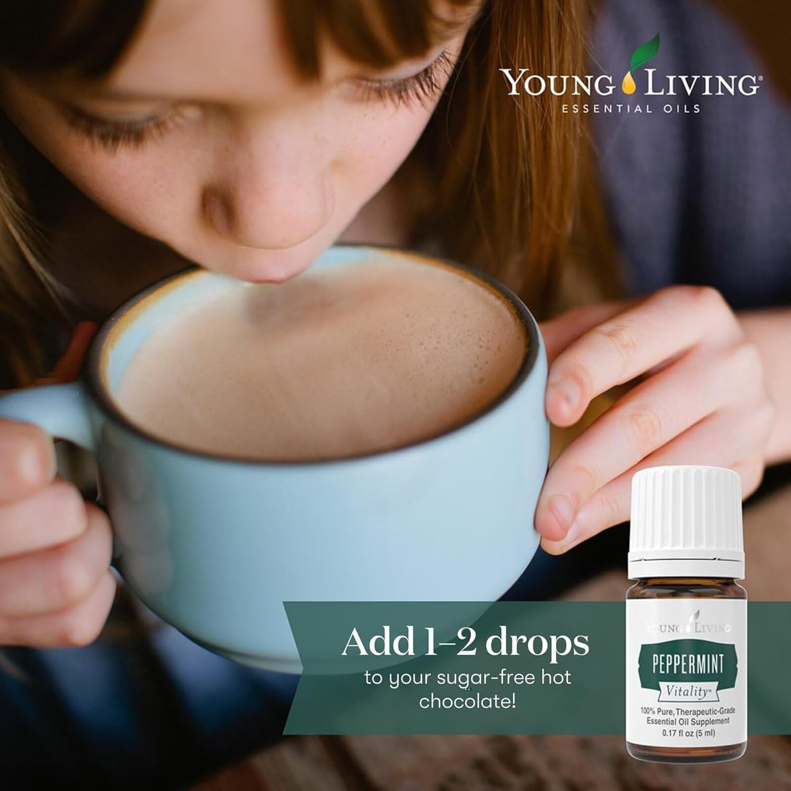 Young Living frasco de 5 ml junto a monedas para comparar tamaño portátil
