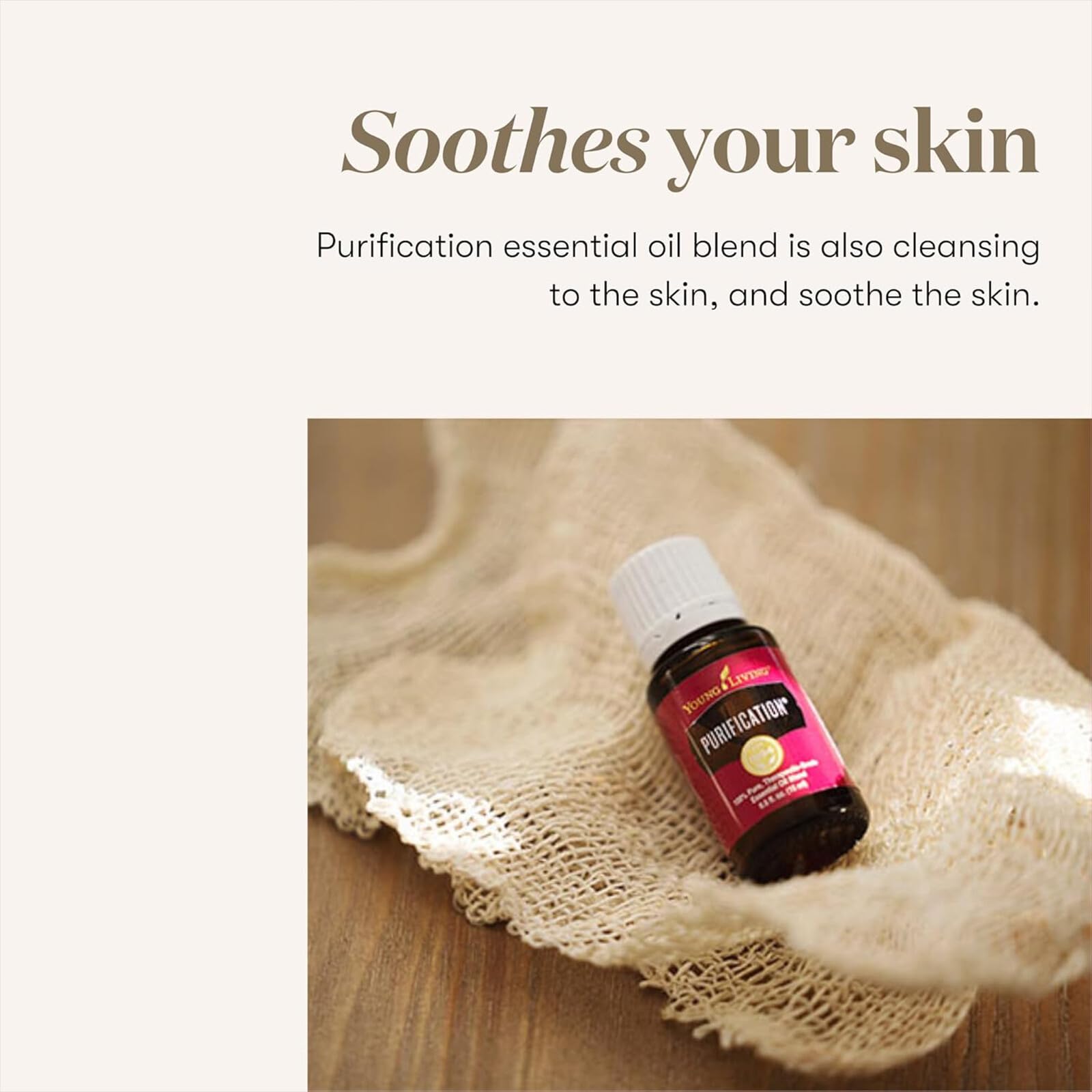 Young Living Purification junto a regla para comparar el tamaño del frasco 15 ml