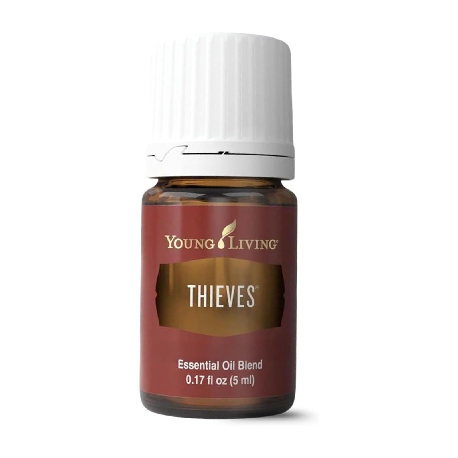Young Living Thieves vista frontal del frasco pequeño mostrando diseño y tamaño práctico