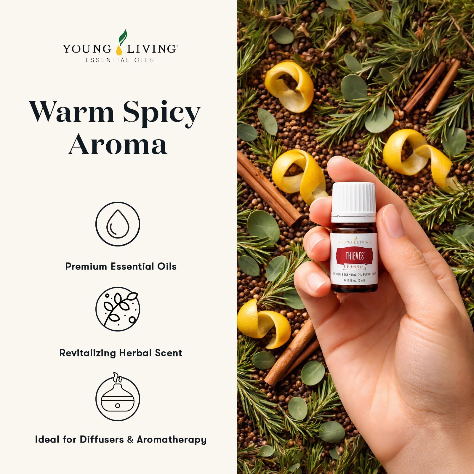 Young Living Thieves Vitality en difusor creando aroma cálido en sala