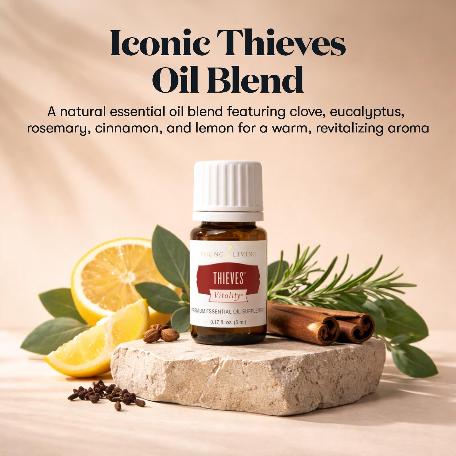 Young Living etiqueta de Thieves Vitality con ingredientes y sello Seed to Seal visibles