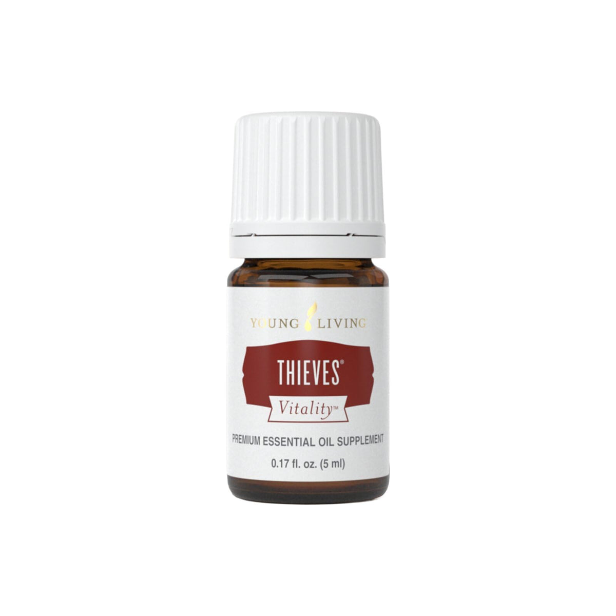 Young Living frasco frontal de Thieves Vitality mostrando diseño y tamaño práctico