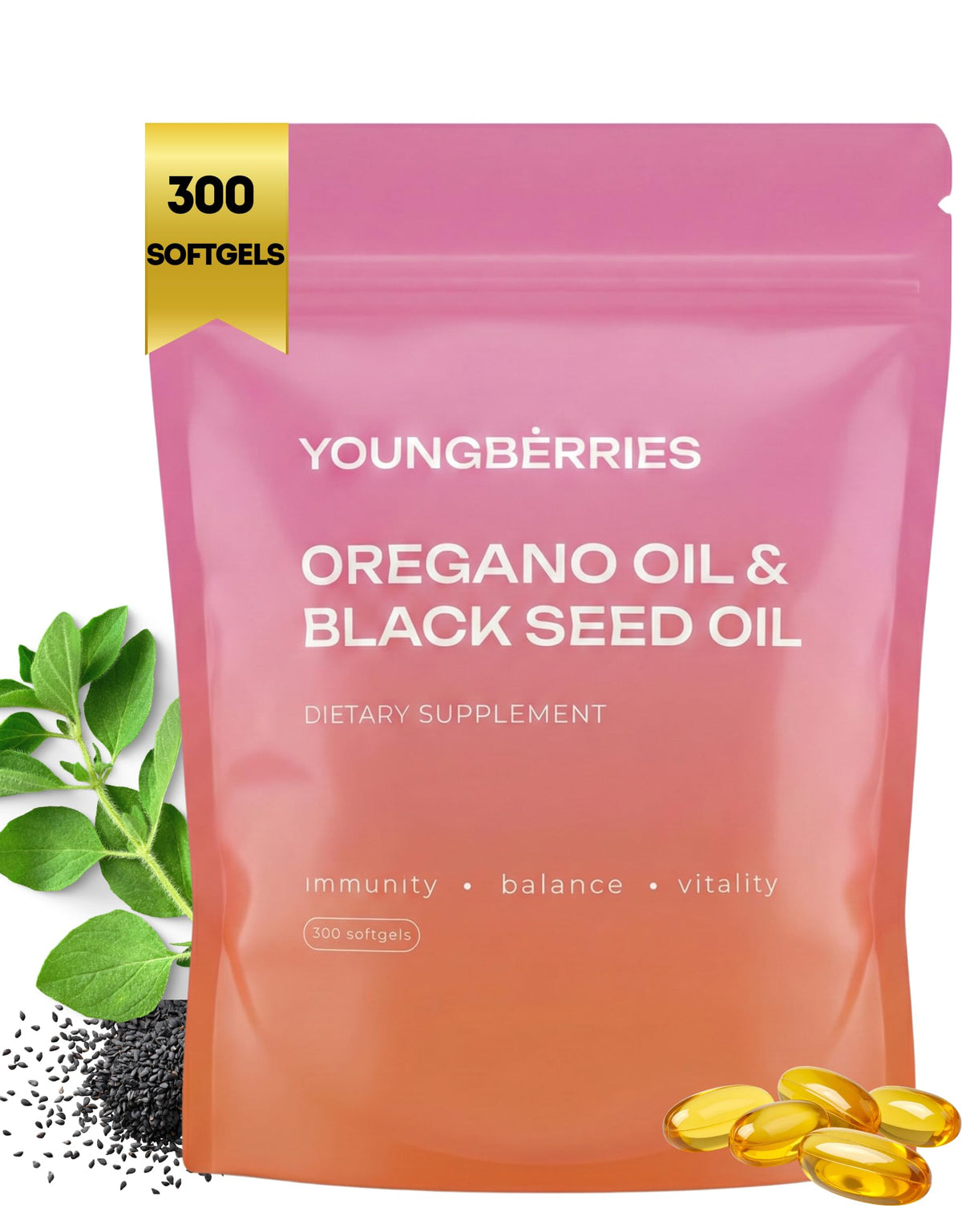 YOUNGBERRIES frasco frontal de 300 cápsulas para suministro prolongado