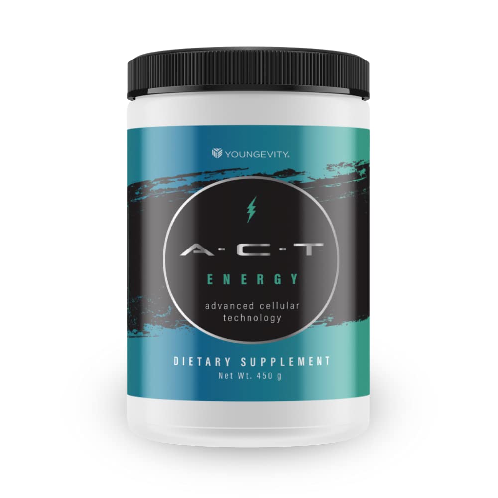 Youngevity A.C.T. Energy frasco frontal mostrando diseño y tamaño práctico