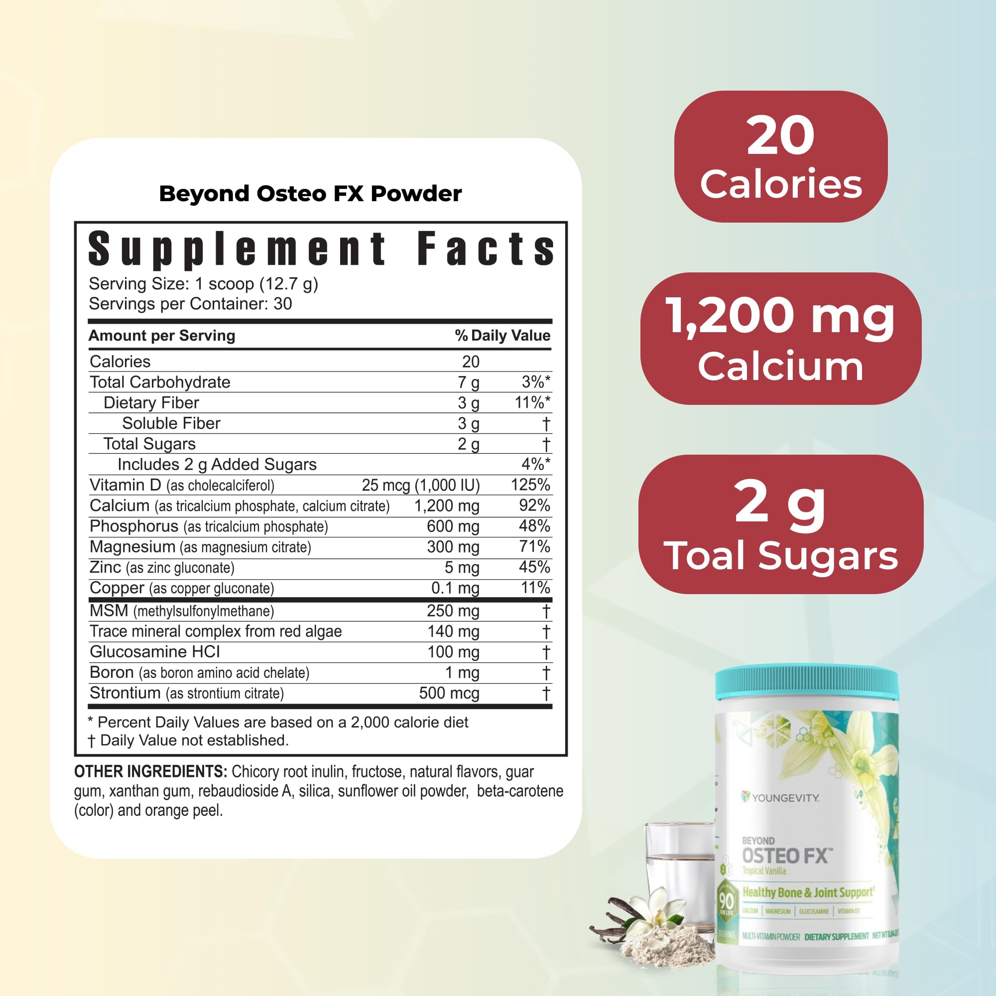 Youngevity Beyond Osteo-Fx envase cercano, minerales para huesos
