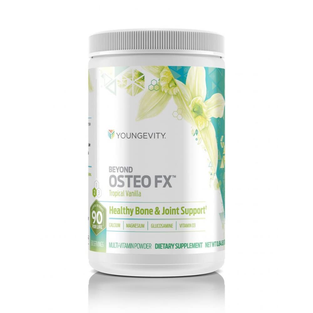 Youngevity bote frontal mostrando etiqueta y sabor tropical vainilla, ideal para apoyo óseo