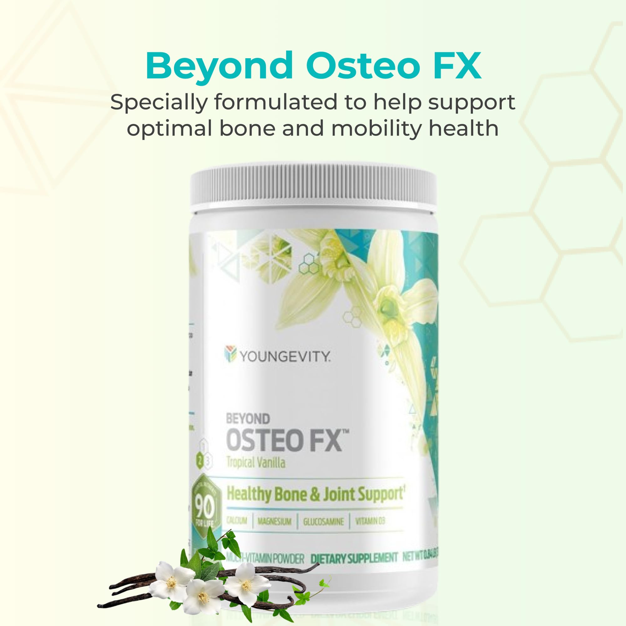 Youngevity polvo textura fina en cucharón resaltando disolución fácil