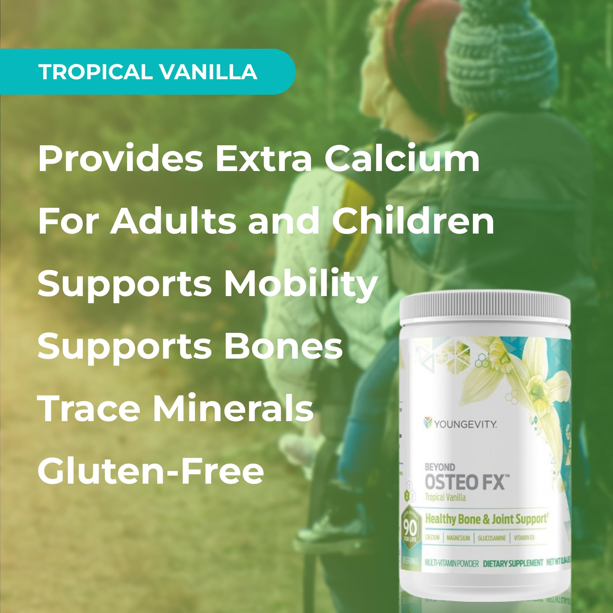 Youngevity cuchara medidora con polvo mostrando la porción recomendada
