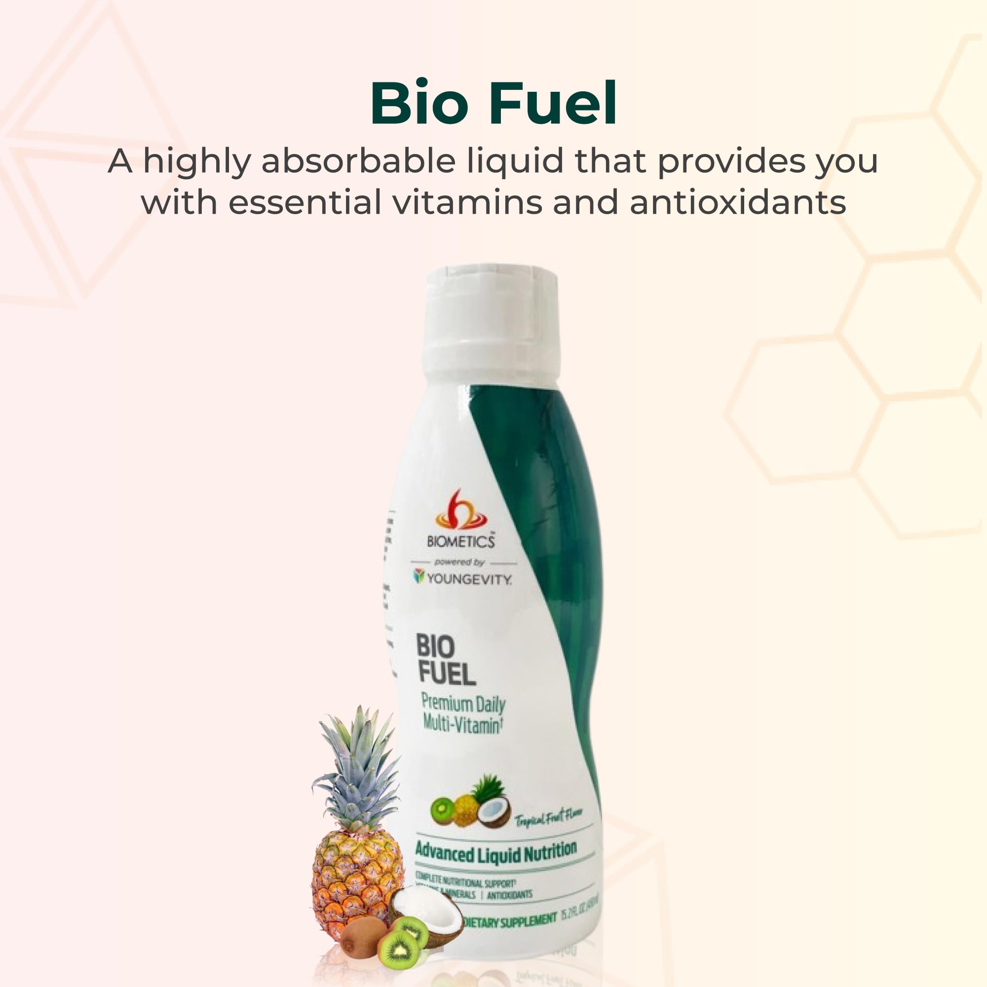 Detalle de la botella Youngevity Bio Fuel mostrando el tapón y diseño ergonómico