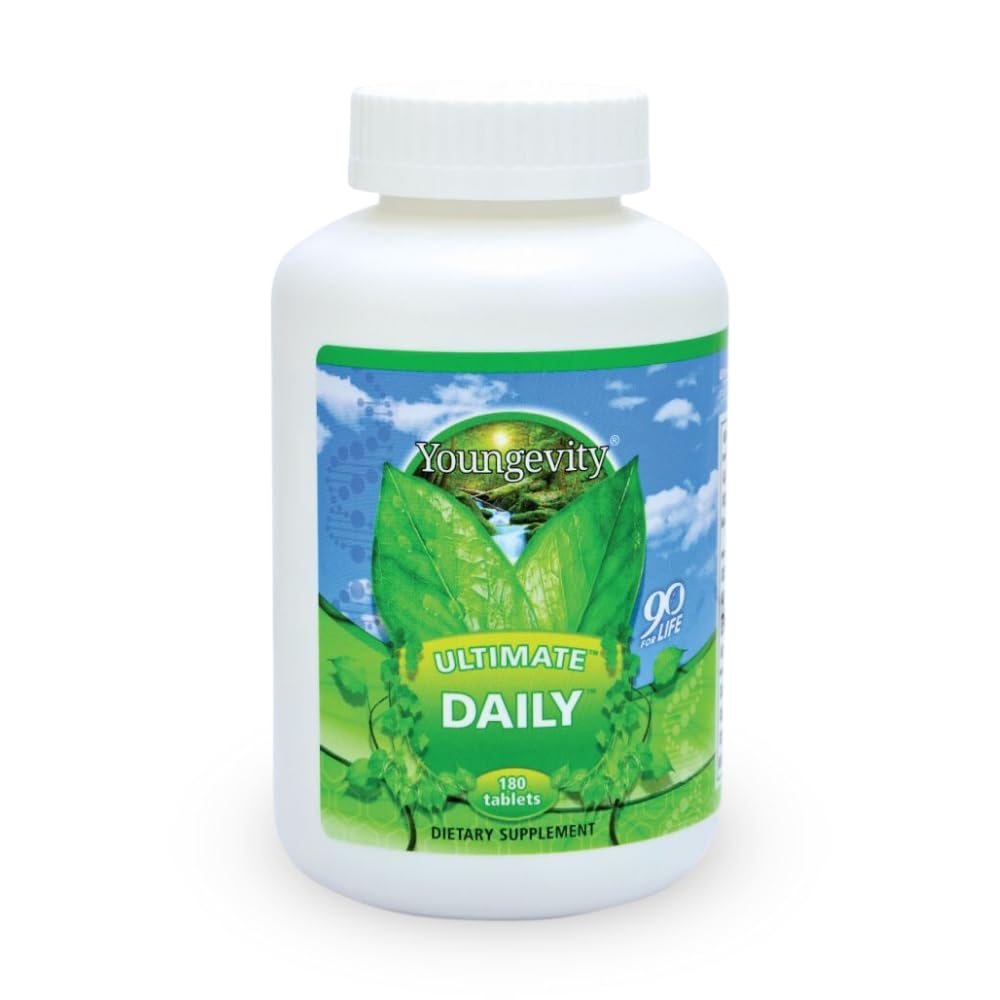 Youngevity empaque frontal mostrando 180 tabletas y beneficios clave