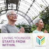 Cerca de etiqueta Youngevity mostrando ingredientes clave y garantía de pureza
