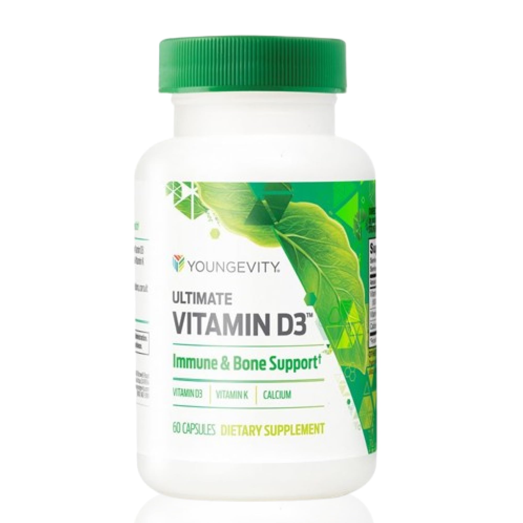 Youngevity envase frontal mostrando vitamina D3 K2, confianza y dosis clara