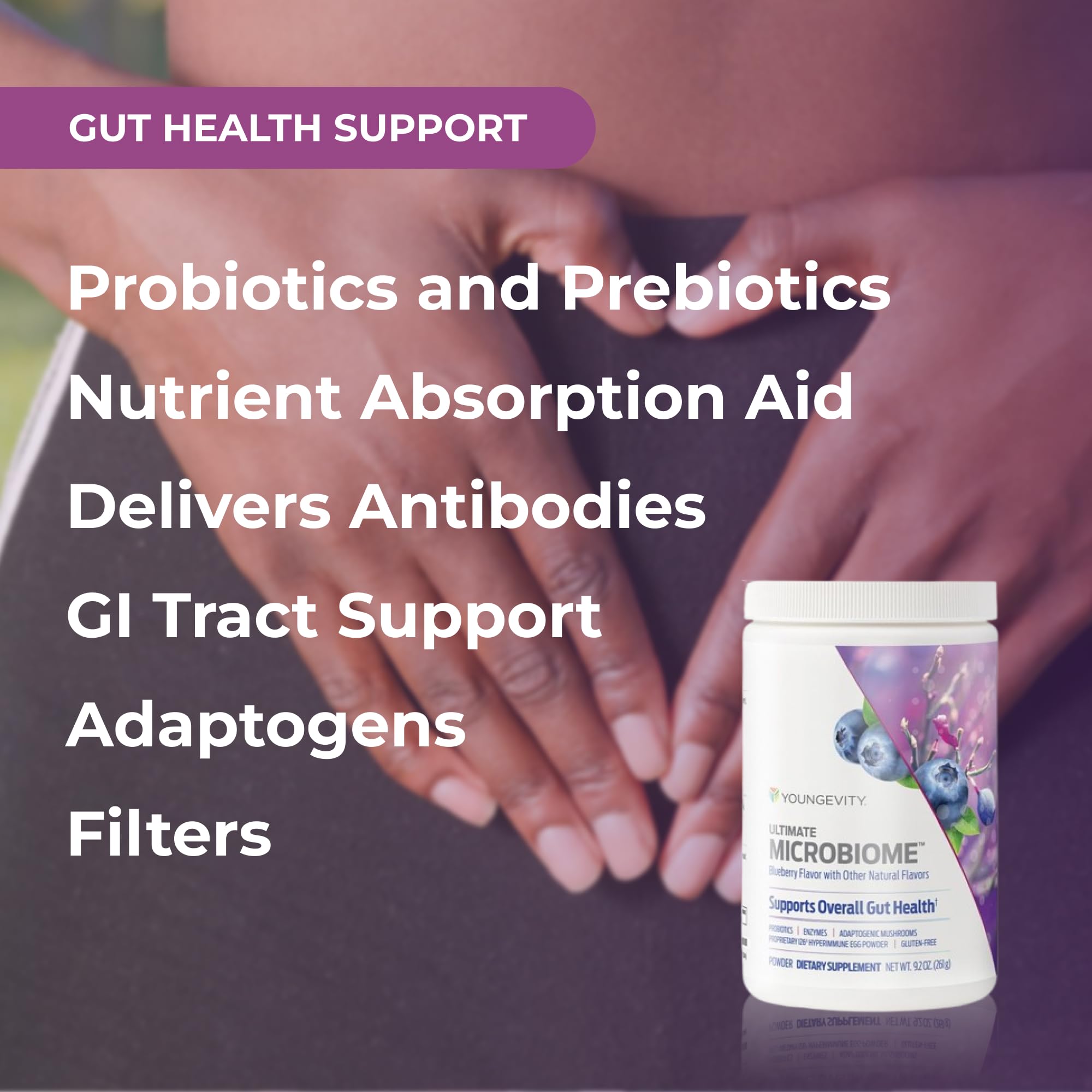 Youngevity etiqueta con lista de ingredientes y beneficios visibles