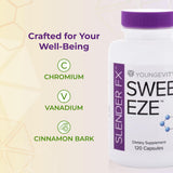 Frasco Youngevity Sweet eze sostenido en mano para mostrar escala práctica