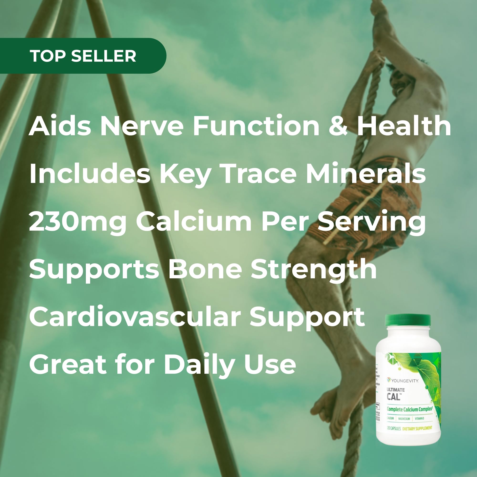 Youngevity envase en mano para comparar tamaño y cantidad real de cápsulas
