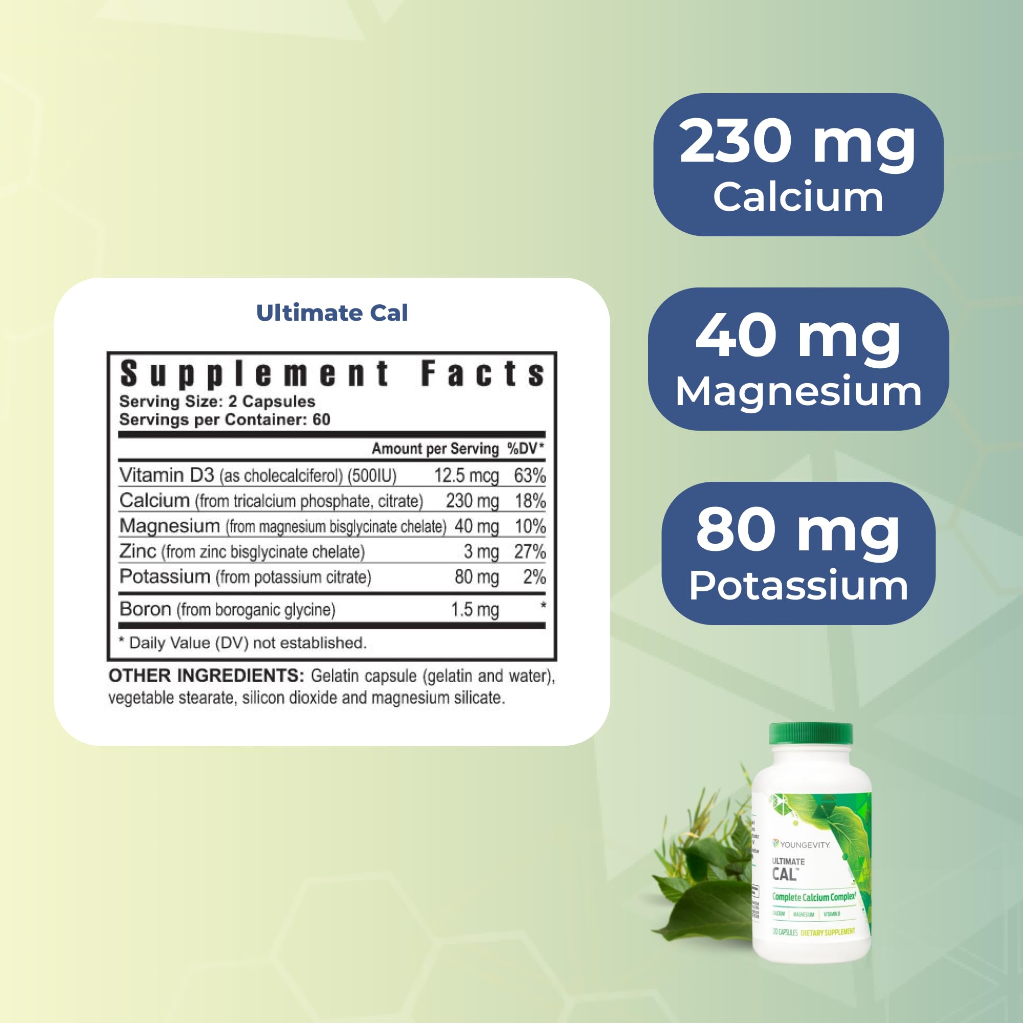 Youngevity etiqueta con lista de ingredientes, transparencia sobre cofactores y dosificación