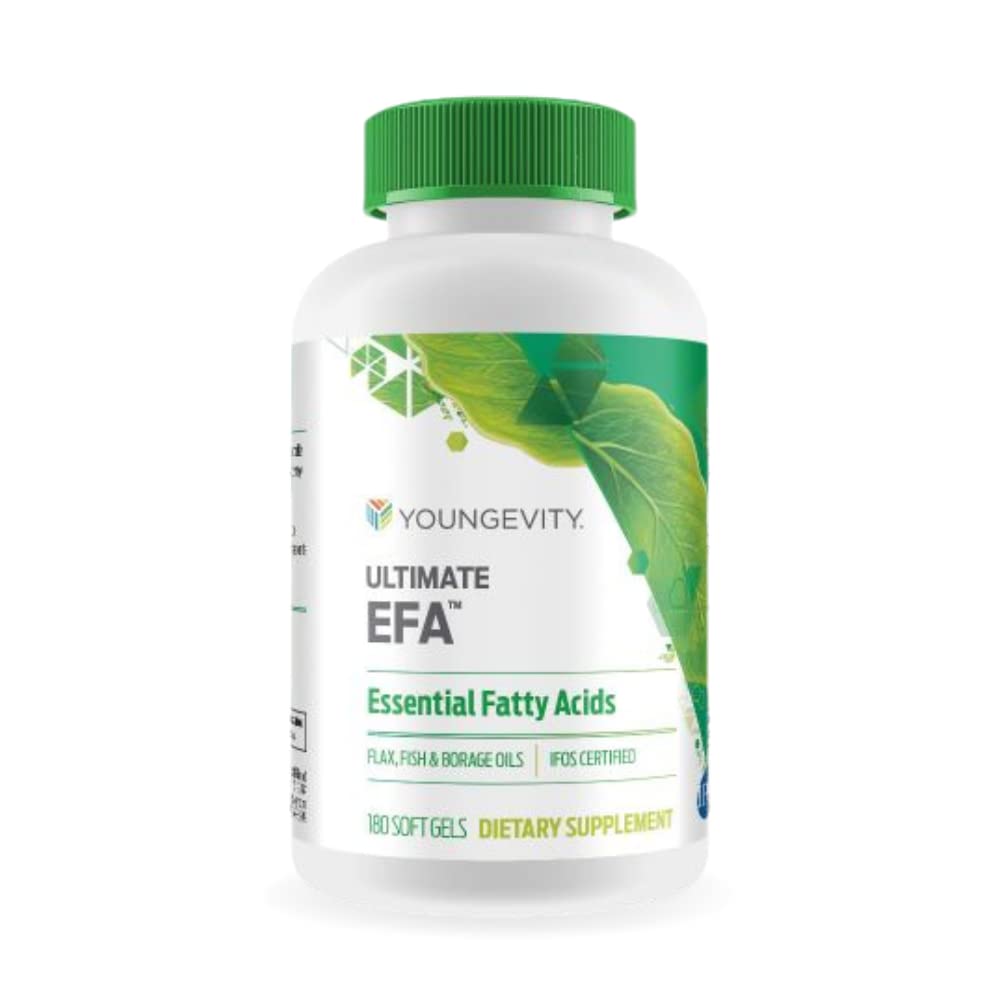 Youngevity Ultimate EFA frontal mostrando etiqueta y cantidad 180 cápsulas beneficio conveniencia