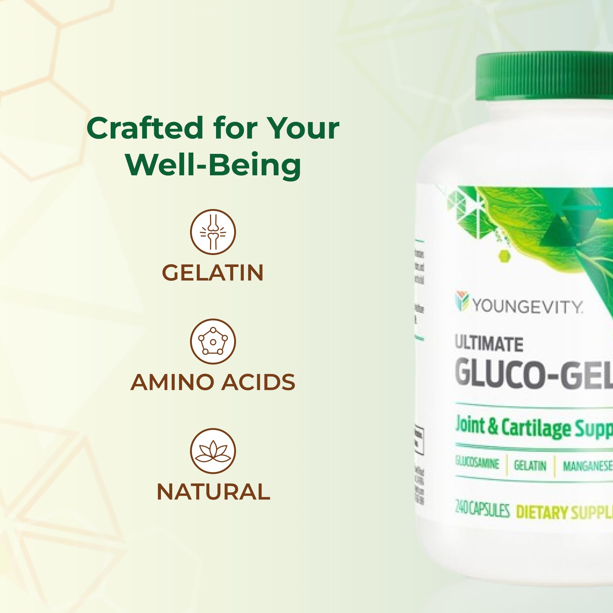 Youngevity cápsula abierta con polvo brillante para ver textura y pureza