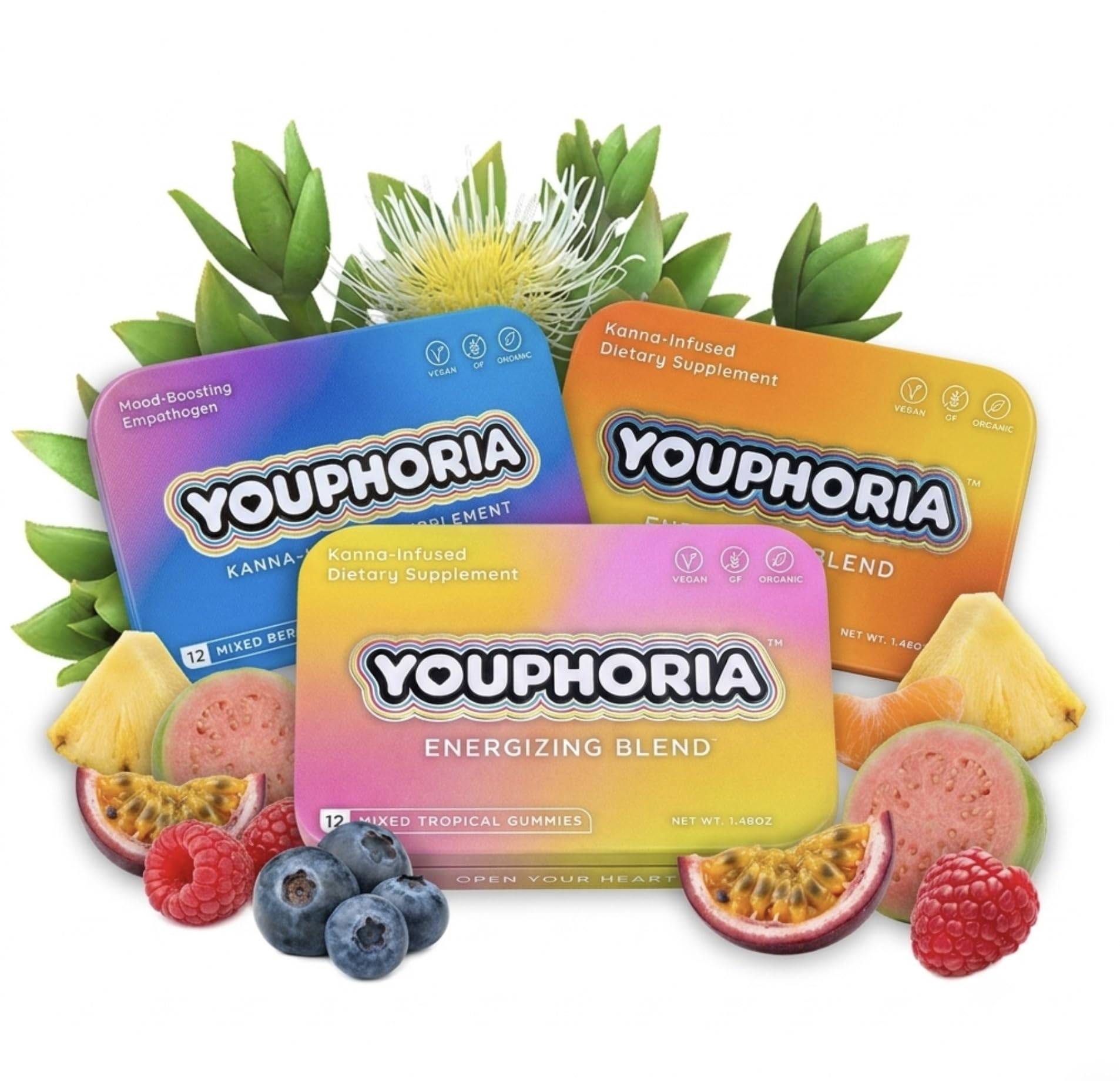 Youphoria frontal del envase mostrando gominolas y beneficio de energía limpia