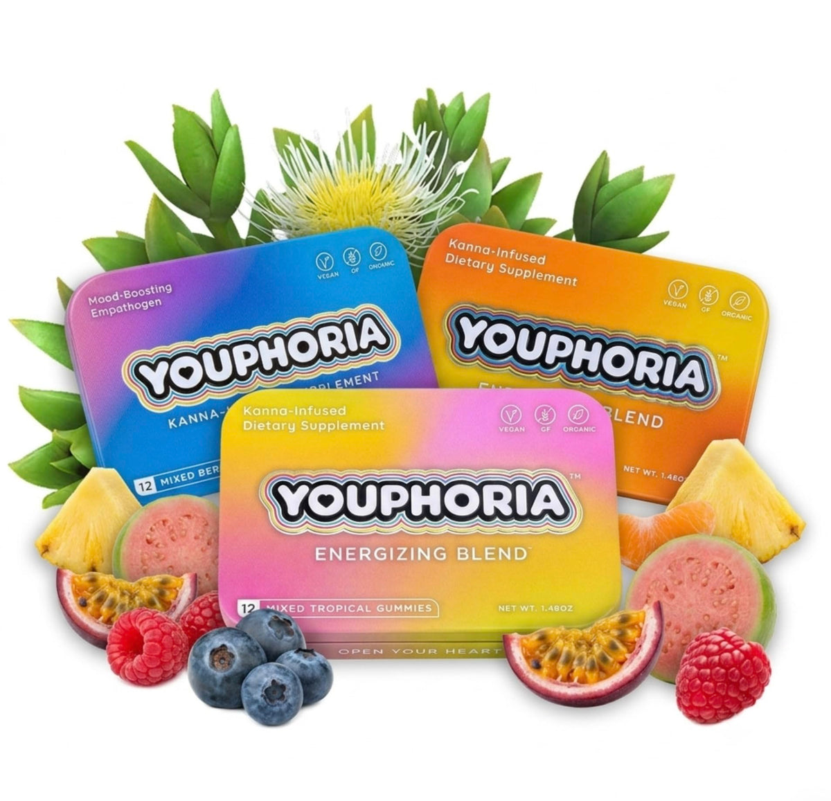 Youphoria frontal del envase mostrando gominolas y beneficio de energía limpia