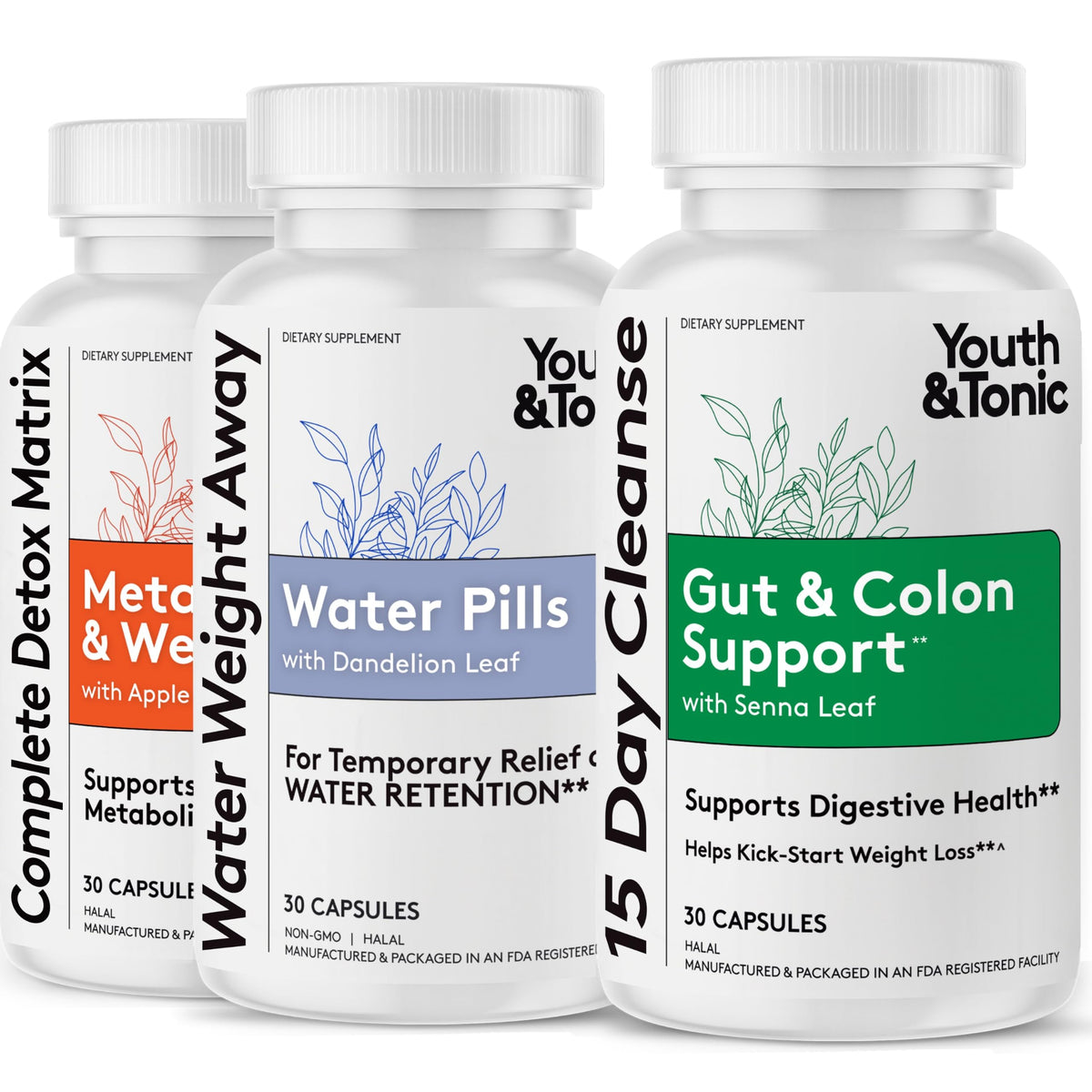 Youth & Tonic frontal con 3 botellas mostrando el kit completo y conveniencia
