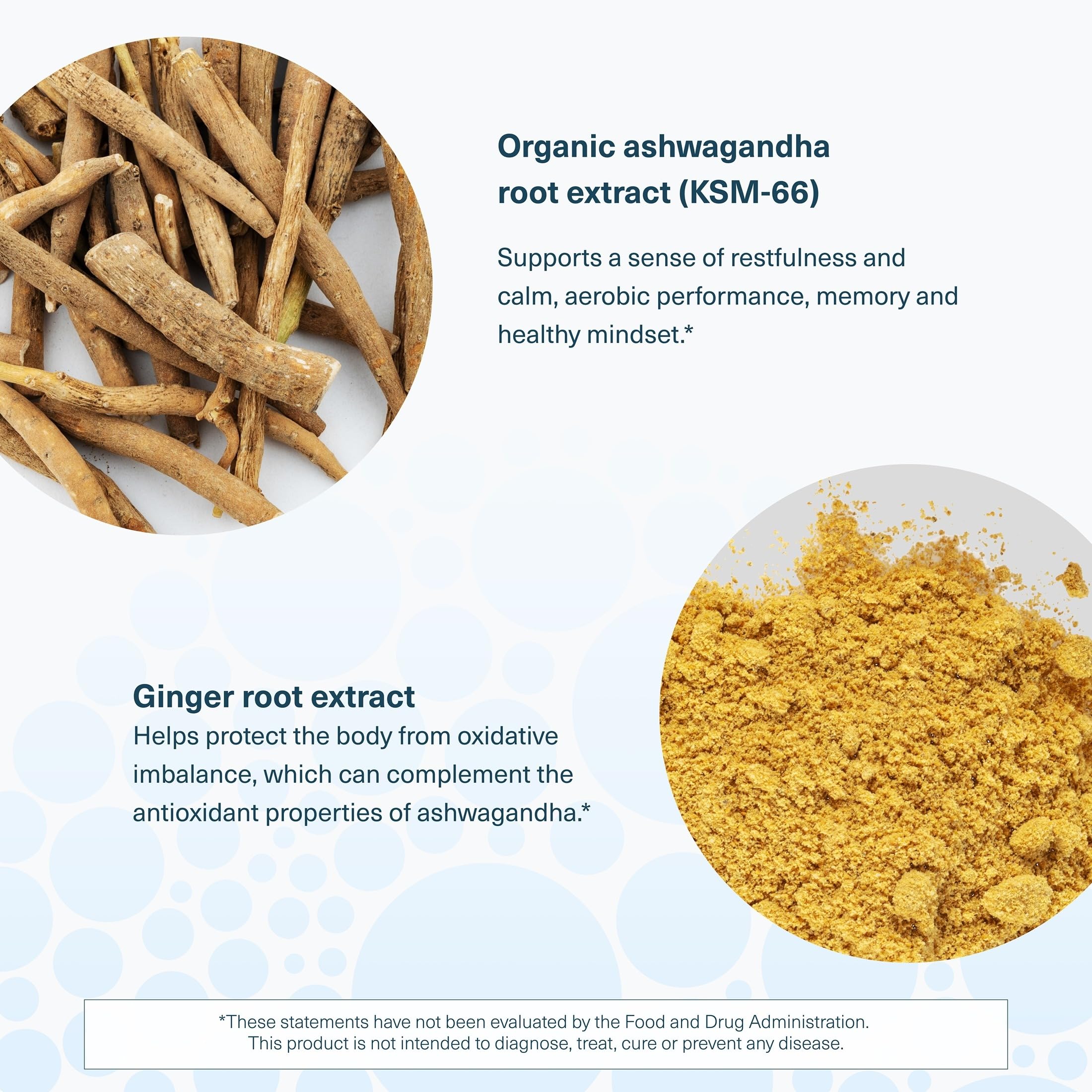 Comparación de escala de Youtheory Ashwagandha al lado de objetos comunes
