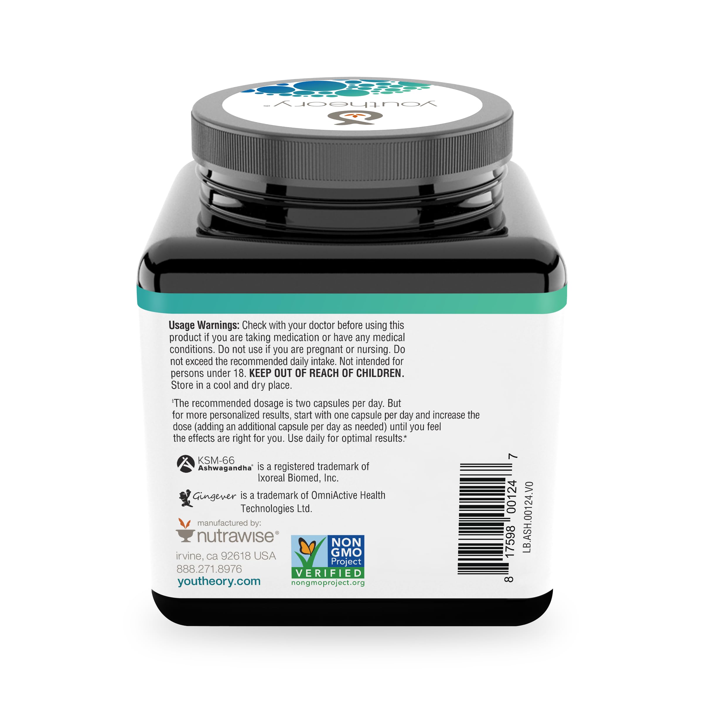 Sello de certificado GMP sobre envase Youtheory Ashwagandha para confianza