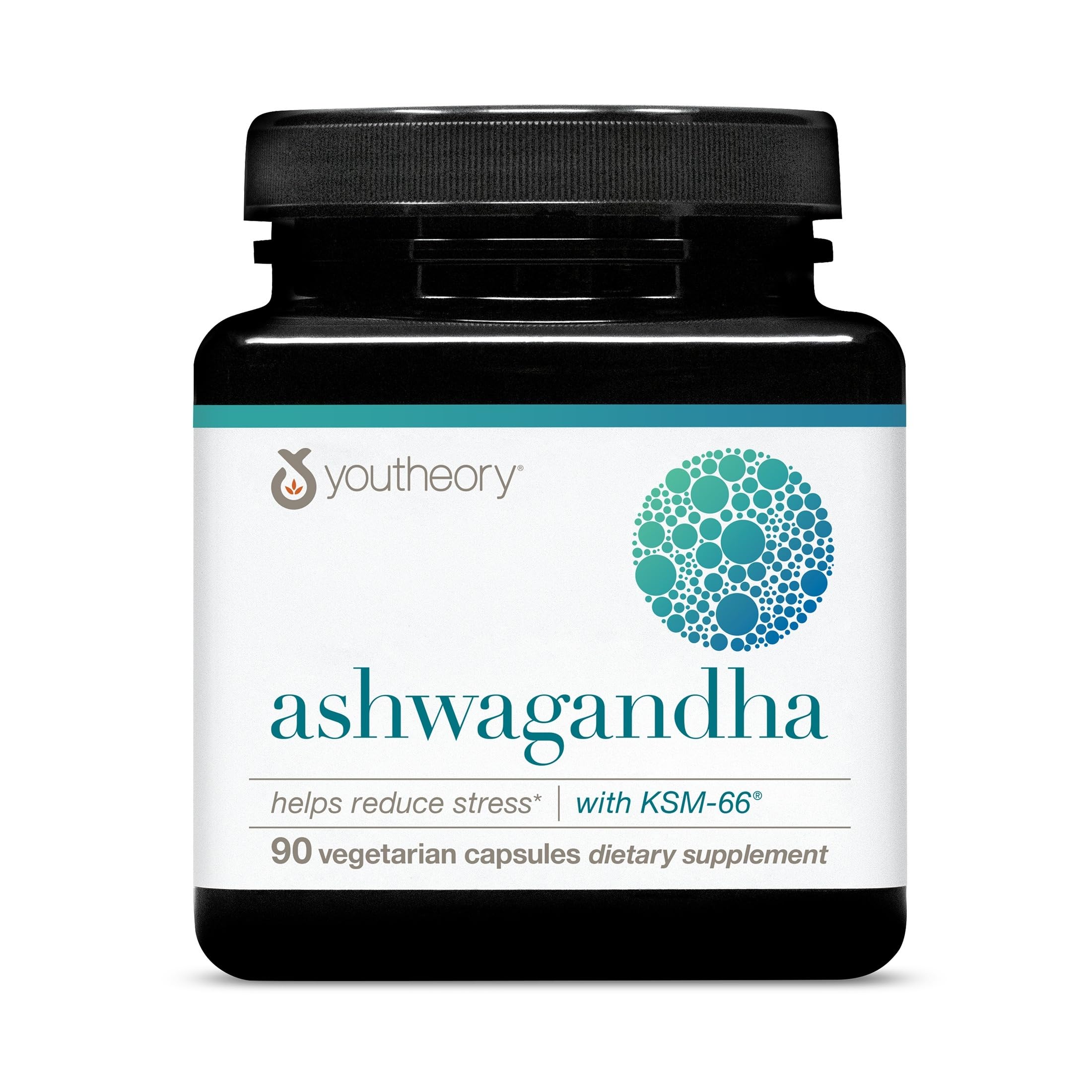 Youtheory Ashwagandha vista frontal con diseño claro y beneficios visibles