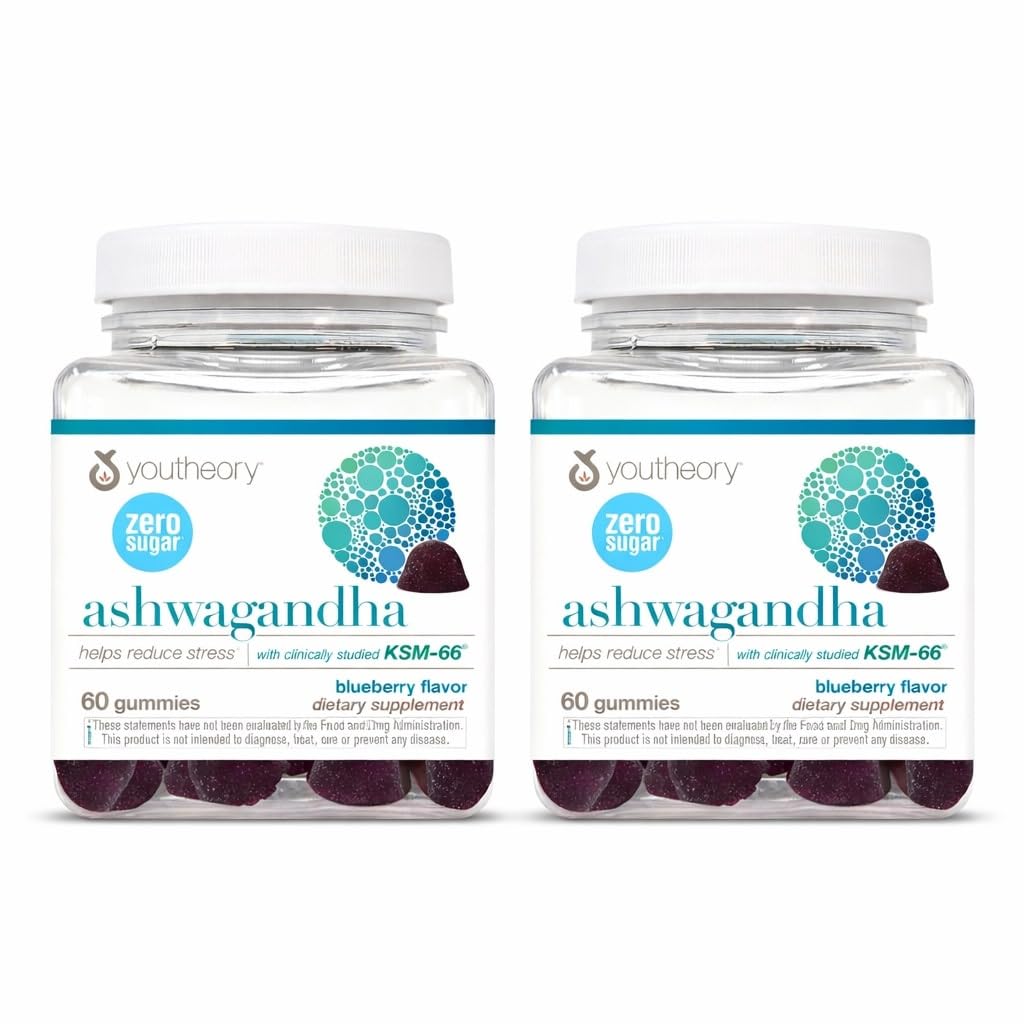 Youtheory envase frontal de gomas de ashwagandha con diseño claro y beneficios visibles