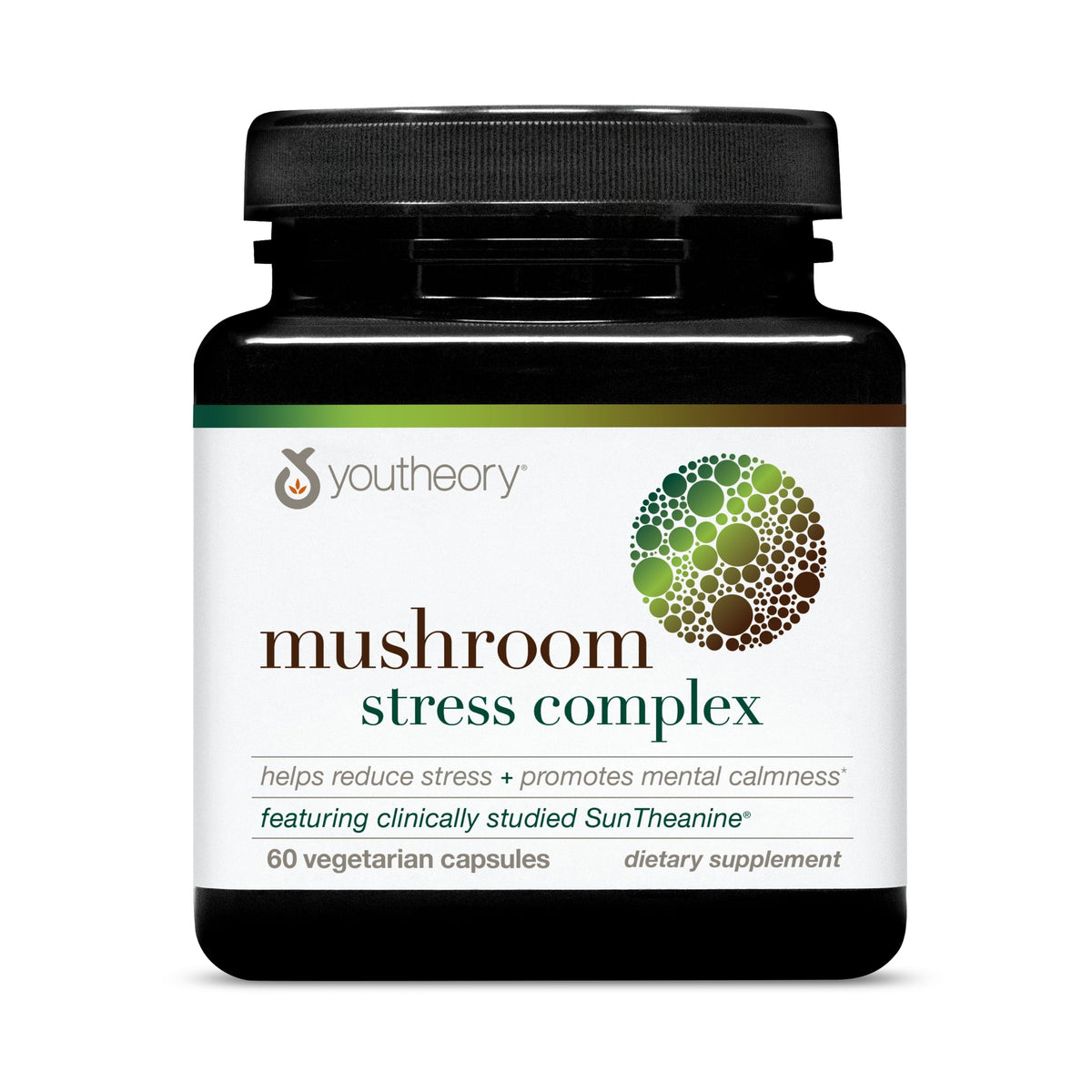 Youtheory frasco frontal del Mushroom Stress Complex mostrando diseño y cantidad