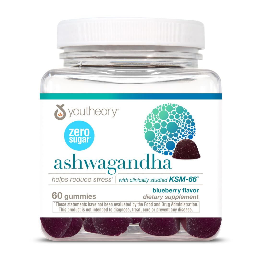Youtheory envase frontal de Ashwagandha Gummies mostrando diseño claro y beneficio de apoyo al estrés
